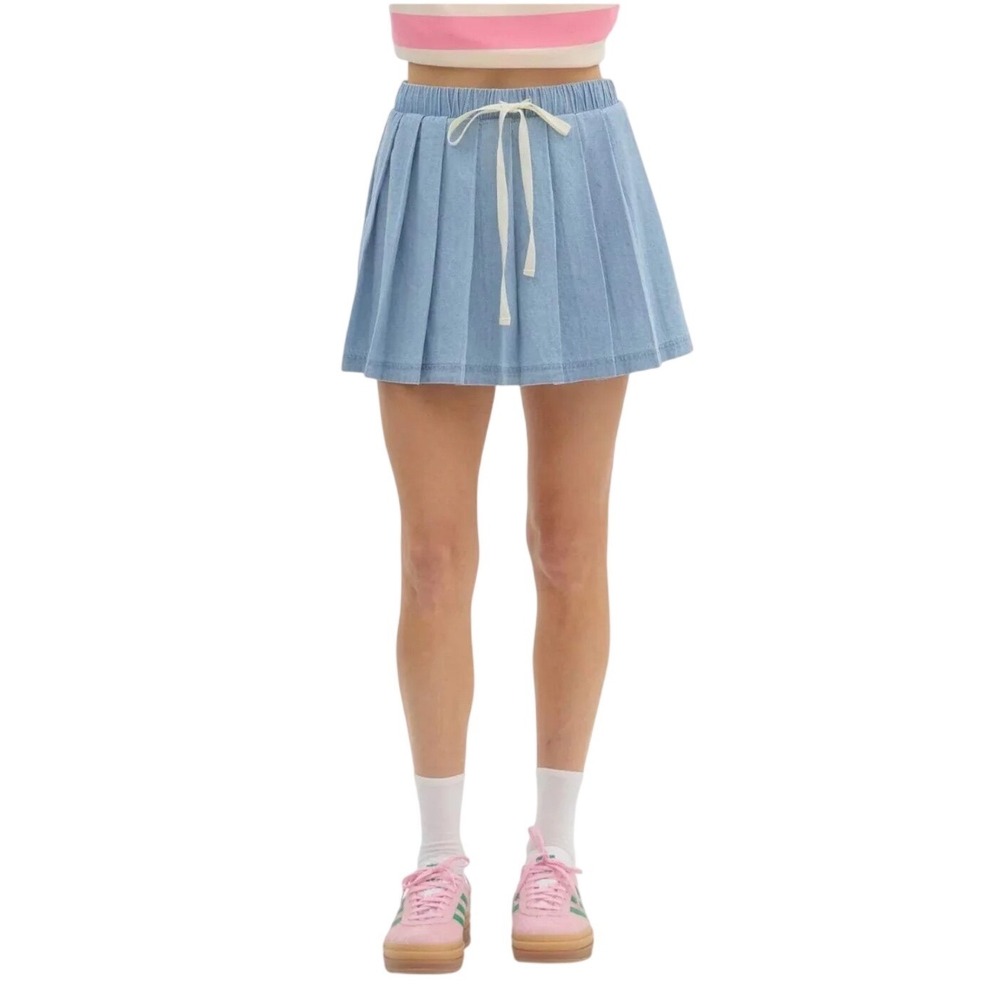 Entro Women Light Blue Pleated Denim Skort Elastic Waist, Zipper Drawstring M